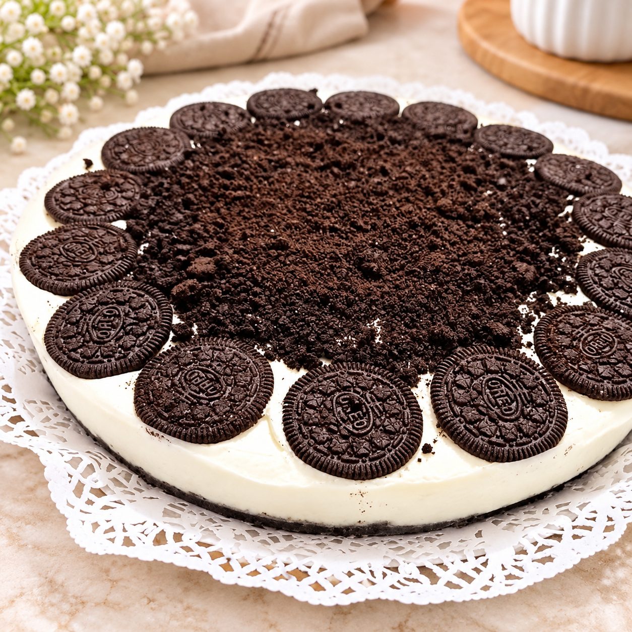 Cheesecake de Oreo con galletas enteras sobre la crema.