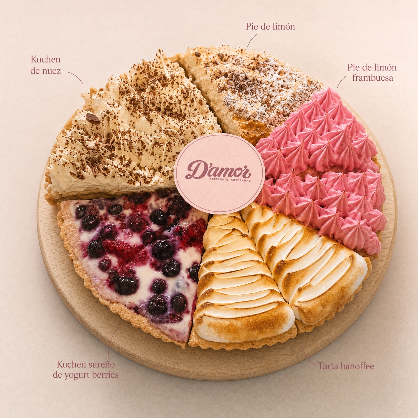 Mix D'amor con sus cinco sabores: pie de limón frambuesa, pie de limón, kuchen de nuez, kuchen sureño de yogurt berries y tarta banoffee.