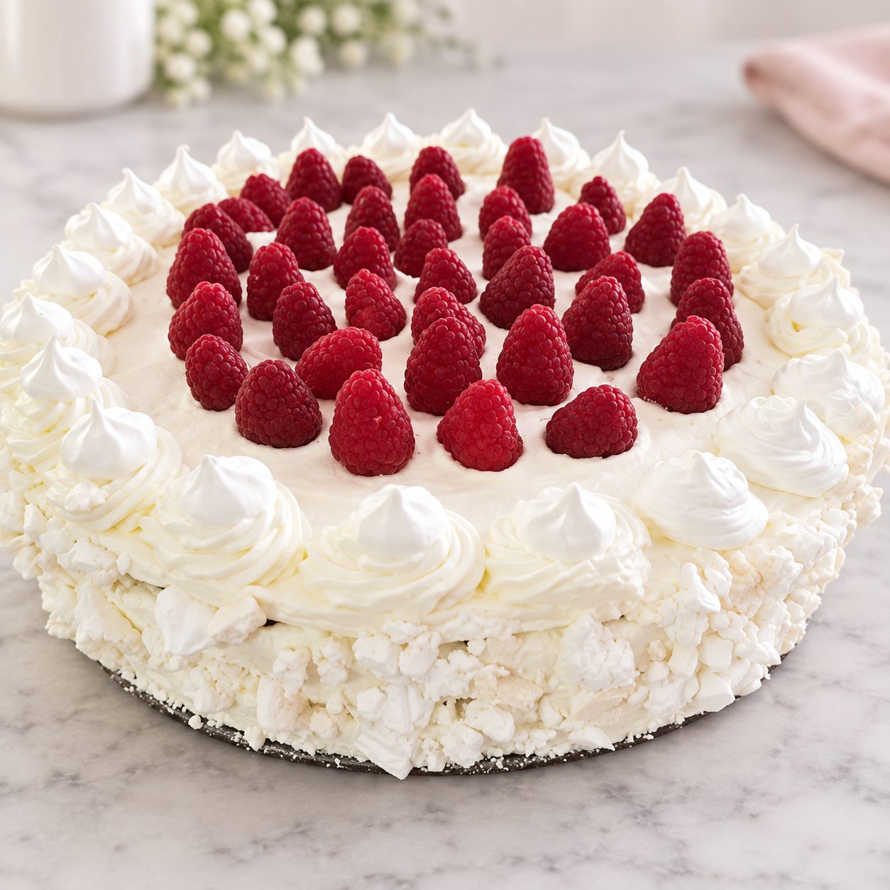 Torta helada de merengue con frambuesas frescas.