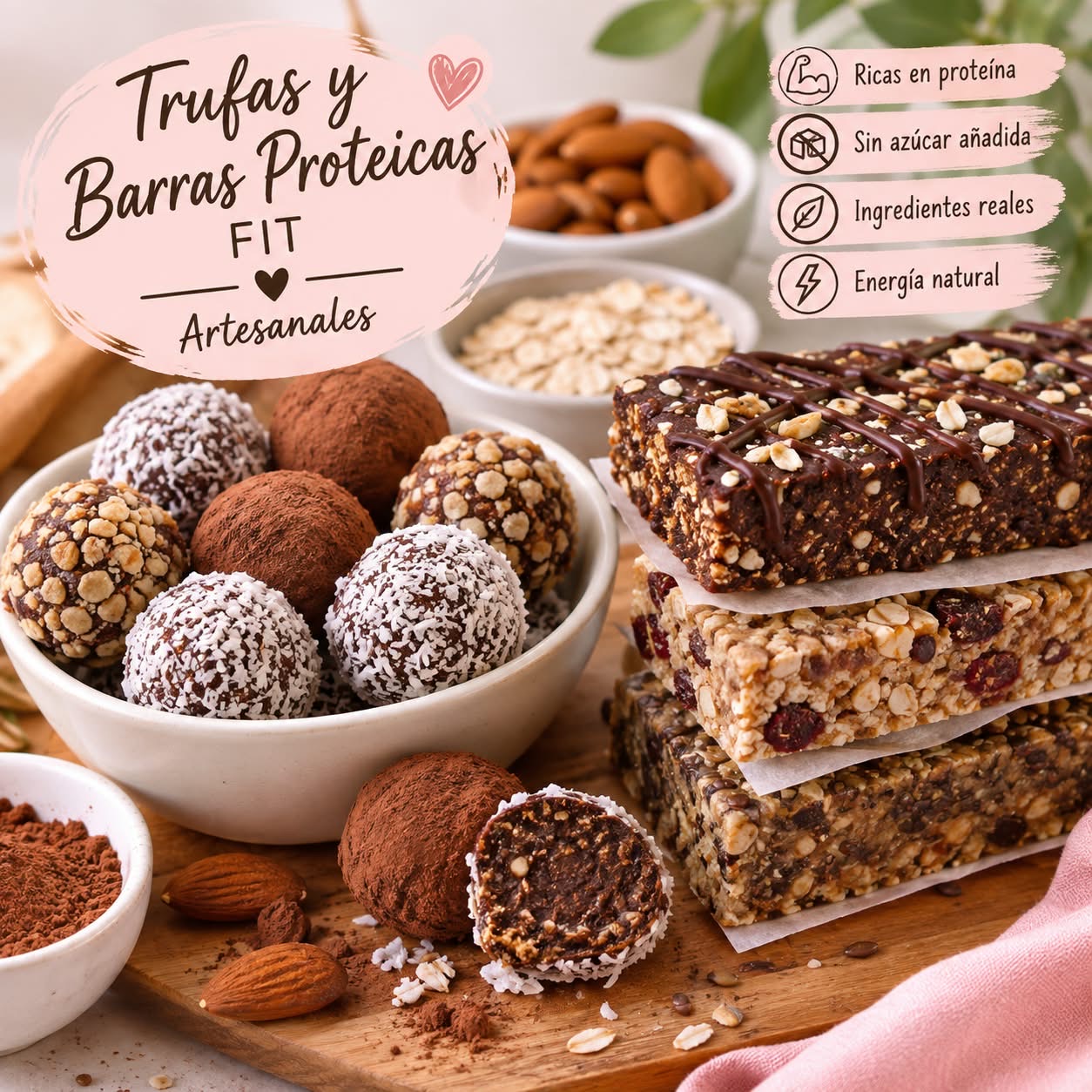 Trufas y barras proteicas fit artesanales de D'amor.